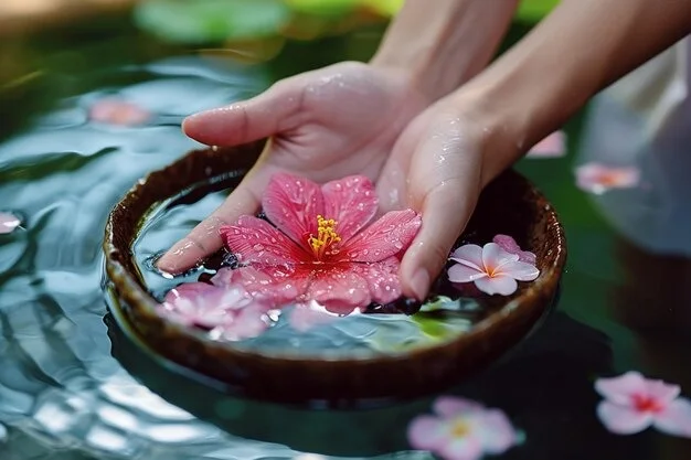 Hands holding a flower bowl in water
